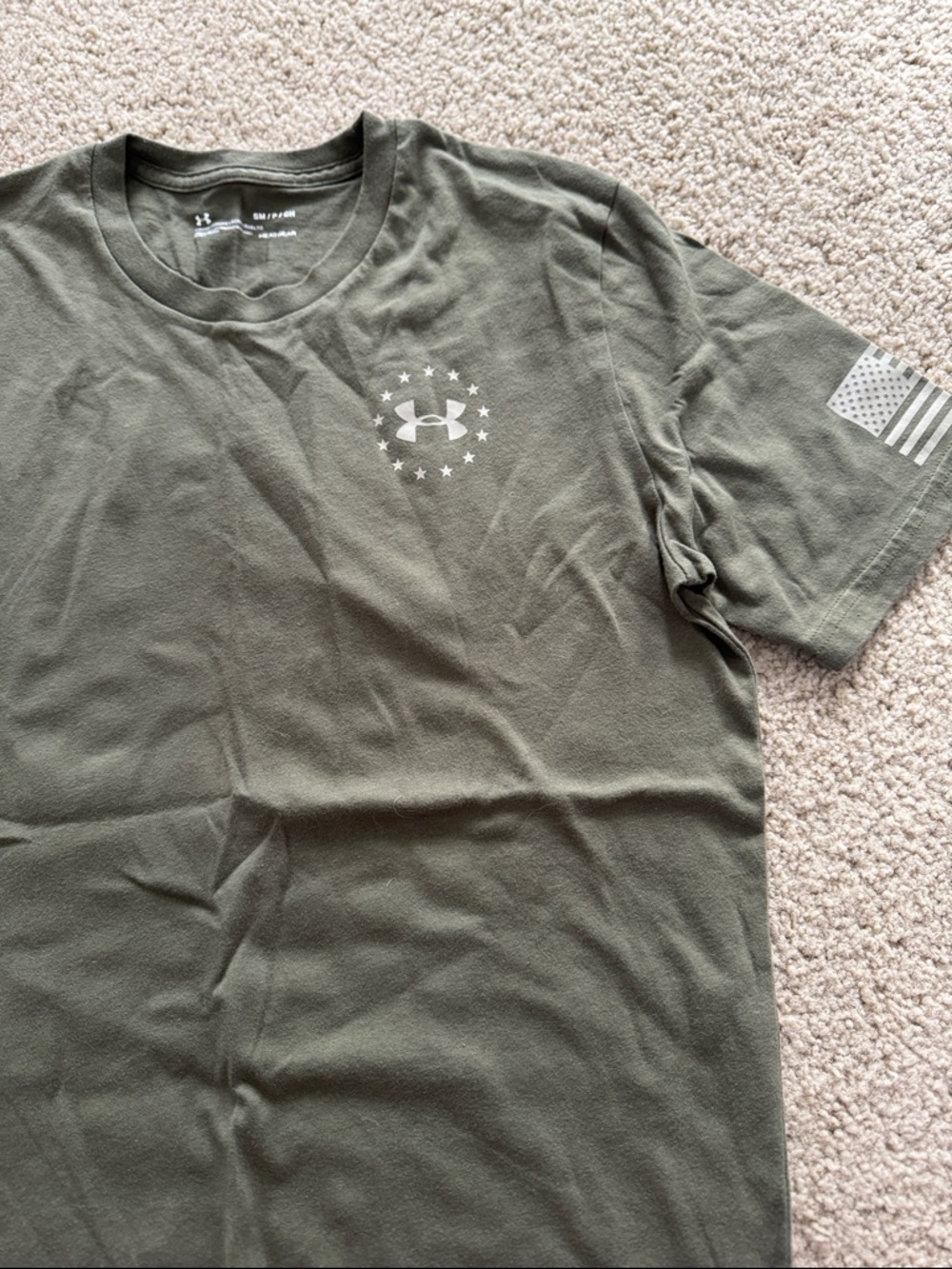 Under Armour Olive Green Short Sleeve Logo Tee with Flag Sleeve Detail
